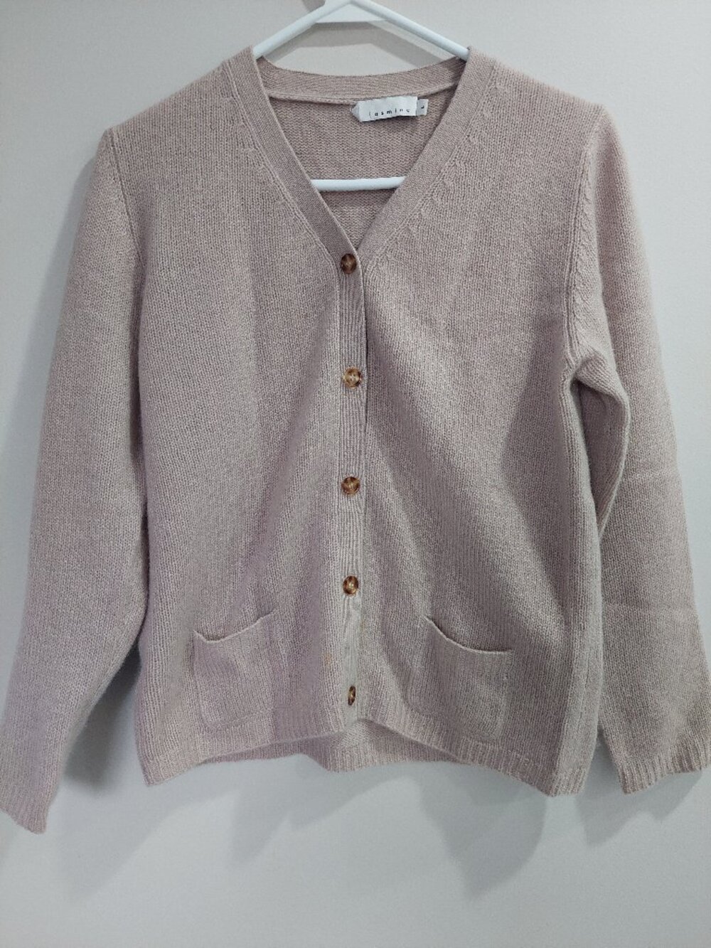 jasmine Women's Sz M/L 100% Cashmere Beige Knit Cardigan Elbow Patch
